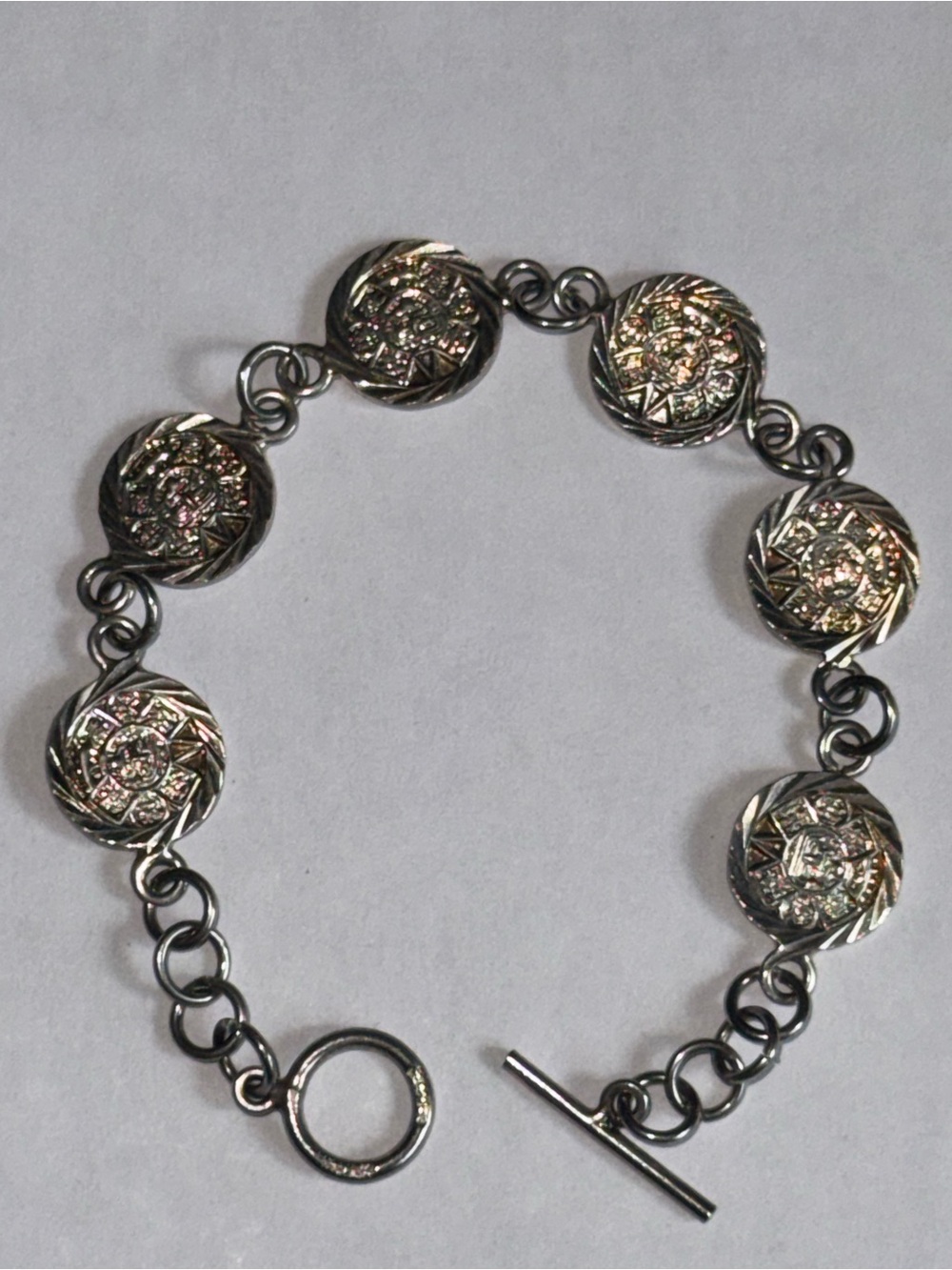 Vintage Mexican Silver Aztec or Mayan Calendar Coin-Medallion link bracelet